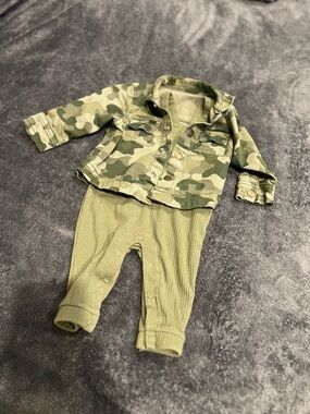 Cat & Jack Olive Green Baby Jumpsuit 3m with Camo Button Up Jacket 6m